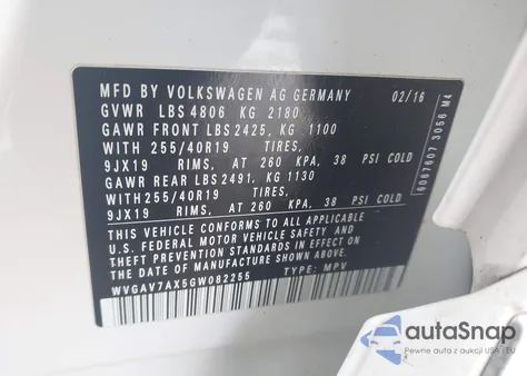 2016 Volkswagen Tiguan R-Line from USA, damaged, VIN WVGAV7AX5GW082255